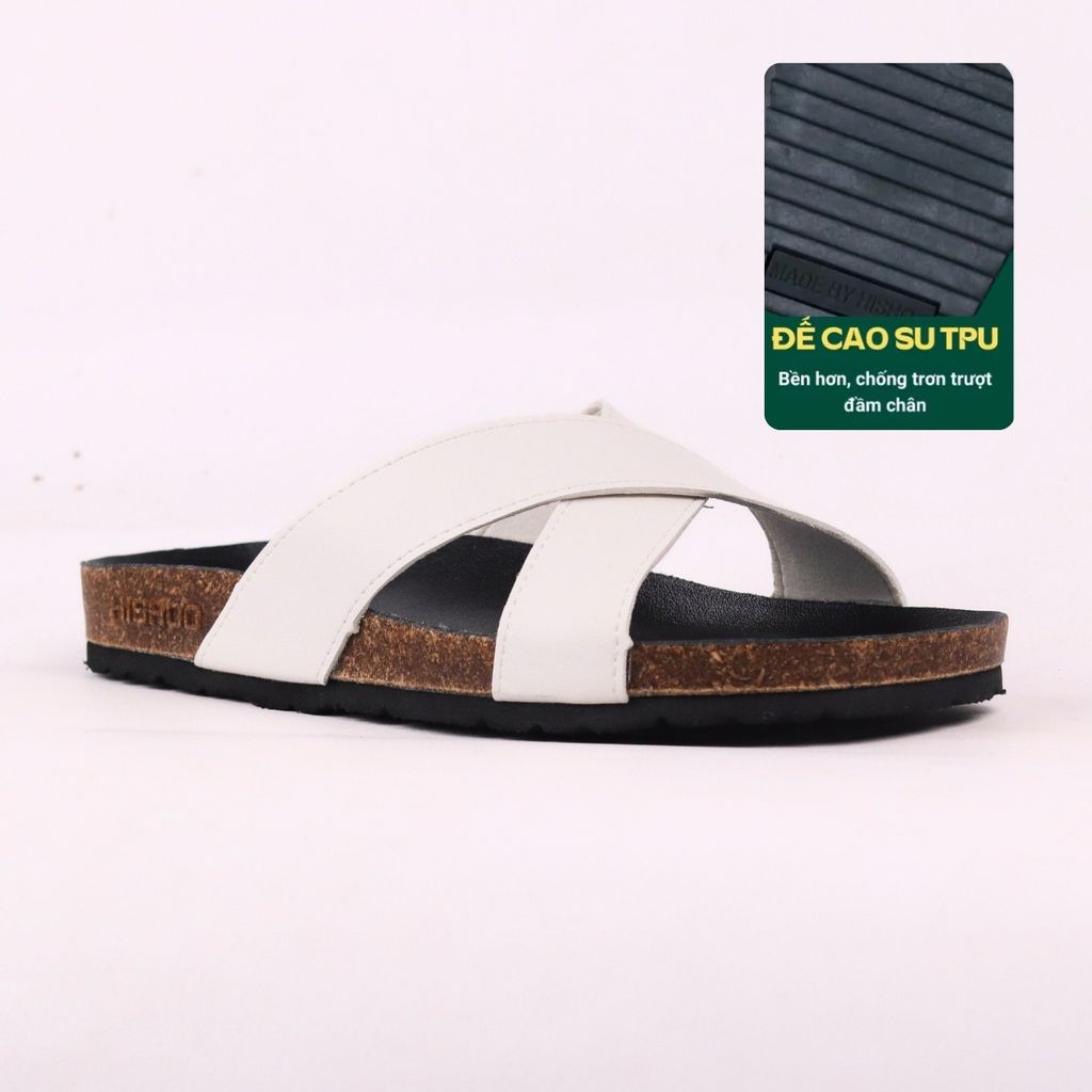 Dép đế trấu birken quai ngang chéo MẶT ĐEN da bò HISHOO M096