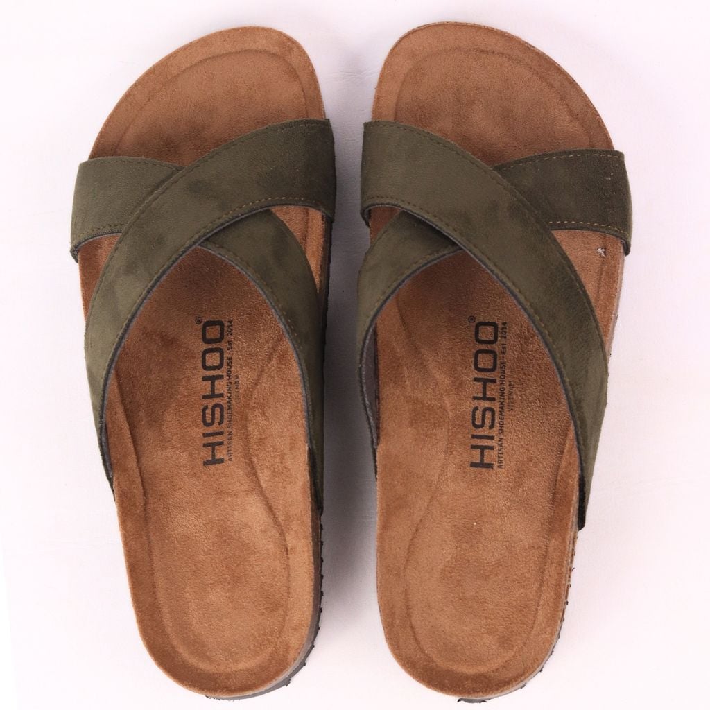 Dép đế trấu birken quai ngang chéo da lộn premium HISHOO H096
