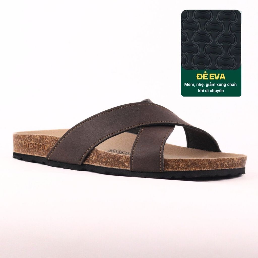 Dép đế trấu birken quai ngang chéo MẶT ĐEN da bò HISHOO M096