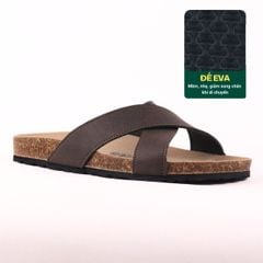 Dép đế trấu birken quai ngang chéo MẶT ĐEN da bò HISHOO M096