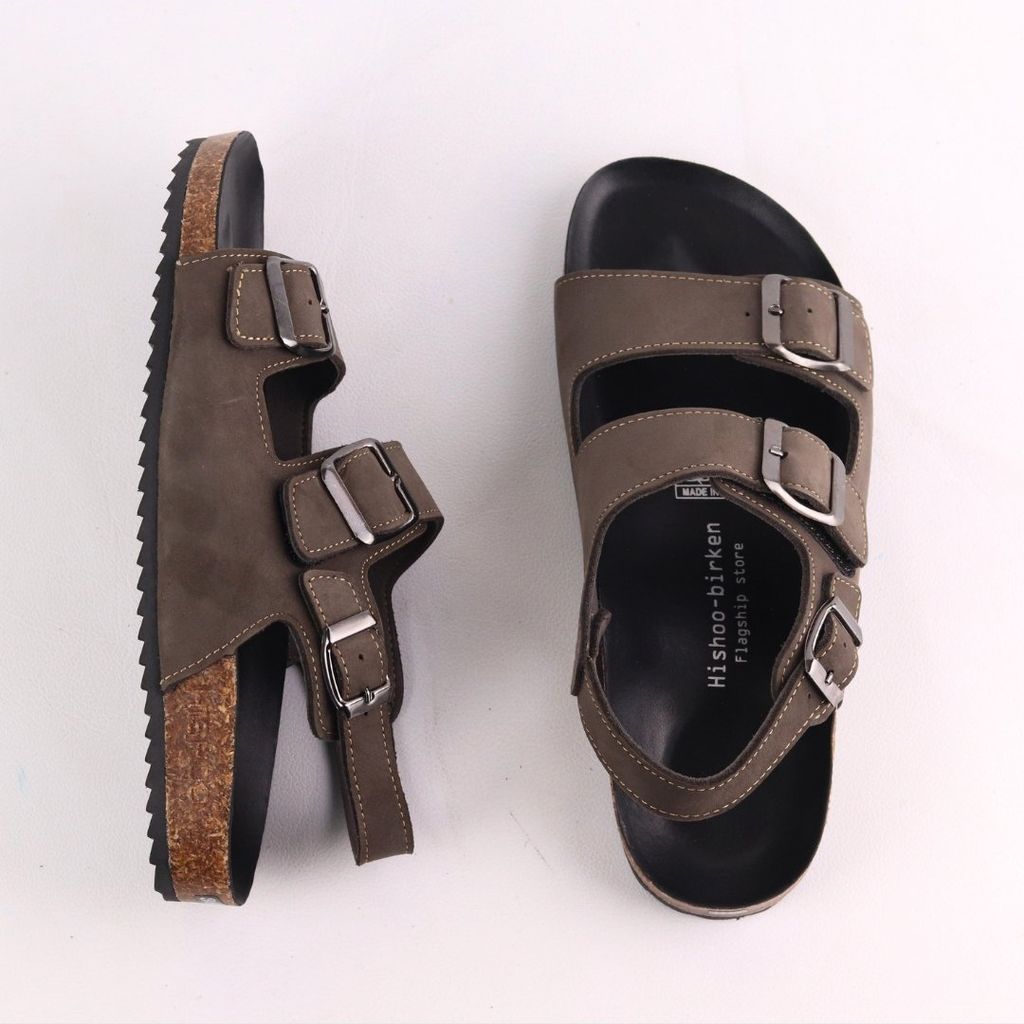 Dép đế trấu Sandal birken quai ngang 2 khoá da bò HISHOO M102