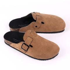 Dép đế trấu sục Boston Xám/ Kem/Bò quai ngang da lộn HISHOO R109