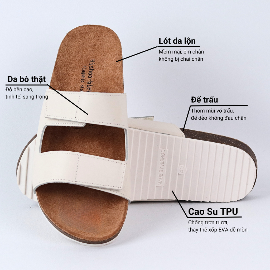 Dép đế trấu birken quai ngang xé dán da bò HISHOO M105