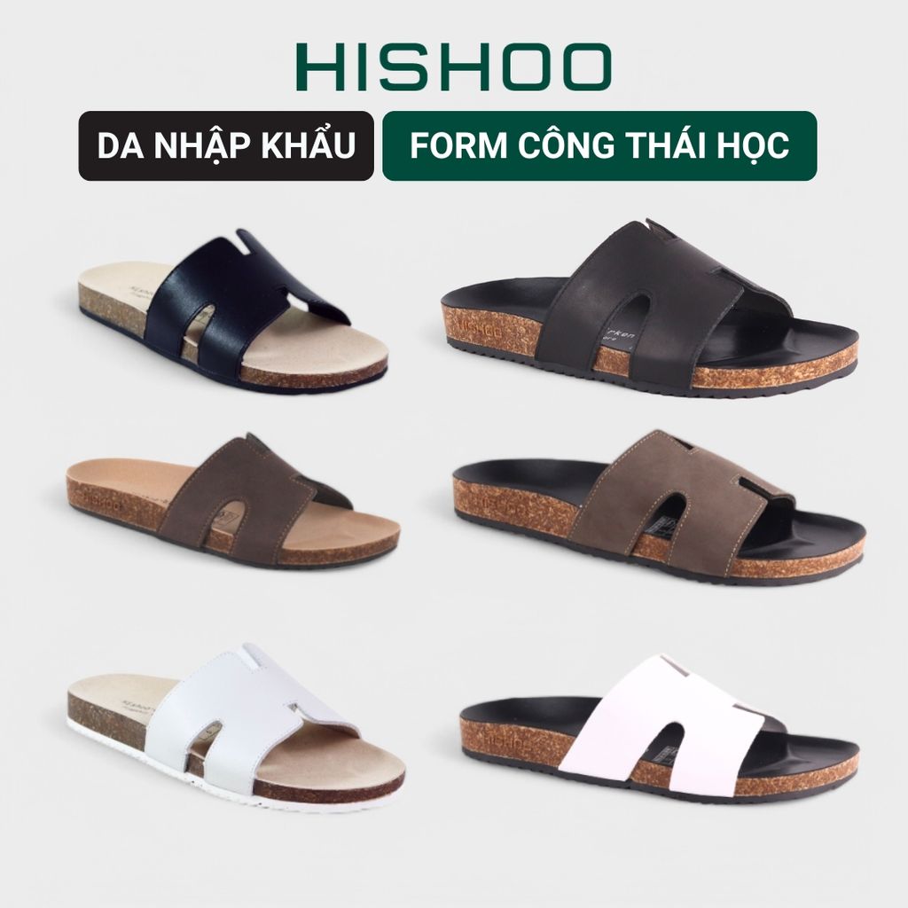 Dép đế trấu birken quai ngang chữ H MẶT ĐEN da bò HISHOO M095