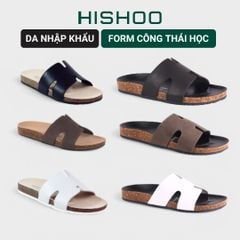 Dép đế trấu birken quai ngang chữ H MẶT ĐEN da bò HISHOO M095