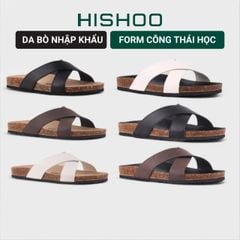 Dép đế trấu birken quai ngang chéo MẶT ĐEN da bò HISHOO M096