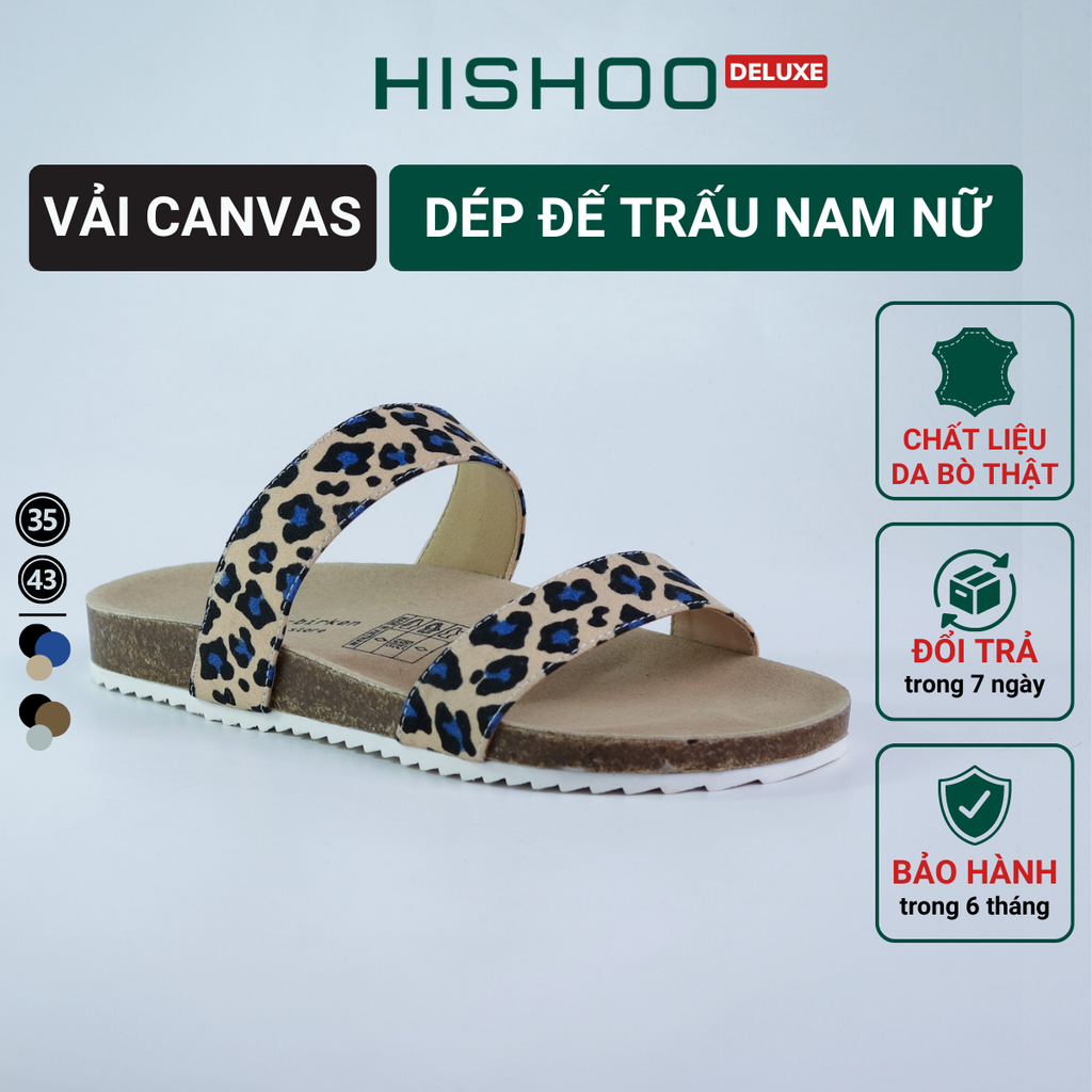 Dép đế trấu birken 2 quai ngang vải canvas HISHOO S112