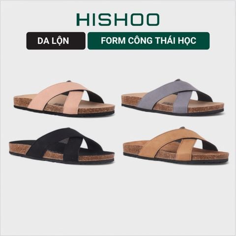 Dép đế trấu birken quai ngang chéo da lộn HISHOO R096
