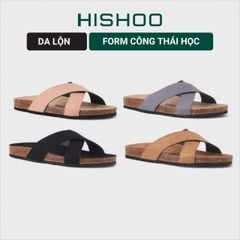 Dép đế trấu birken quai ngang chéo da lộn HISHOO R096