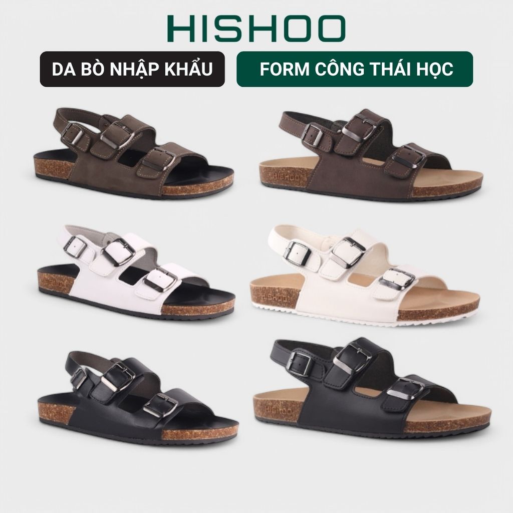 Dép đế trấu Sandal birken quai ngang 2 khoá da bò HISHOO M102