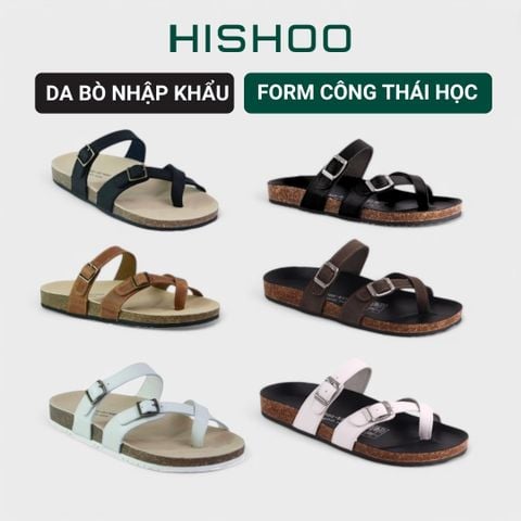 Dép đế trấu birken quai ngang xỏ ngón MẶT ĐEN da bò HISHOO M098