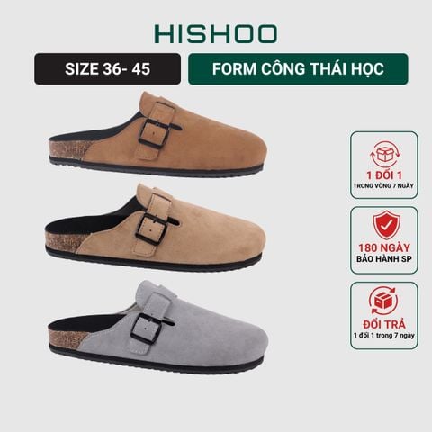 Dép đế trấu sục Boston Xám/ Kem/Bò quai ngang da lộn HISHOO R109