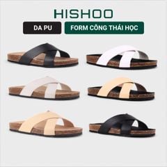 Dép đế trấu birken quai ngang chéo MẶT ĐEN HISHOO S096