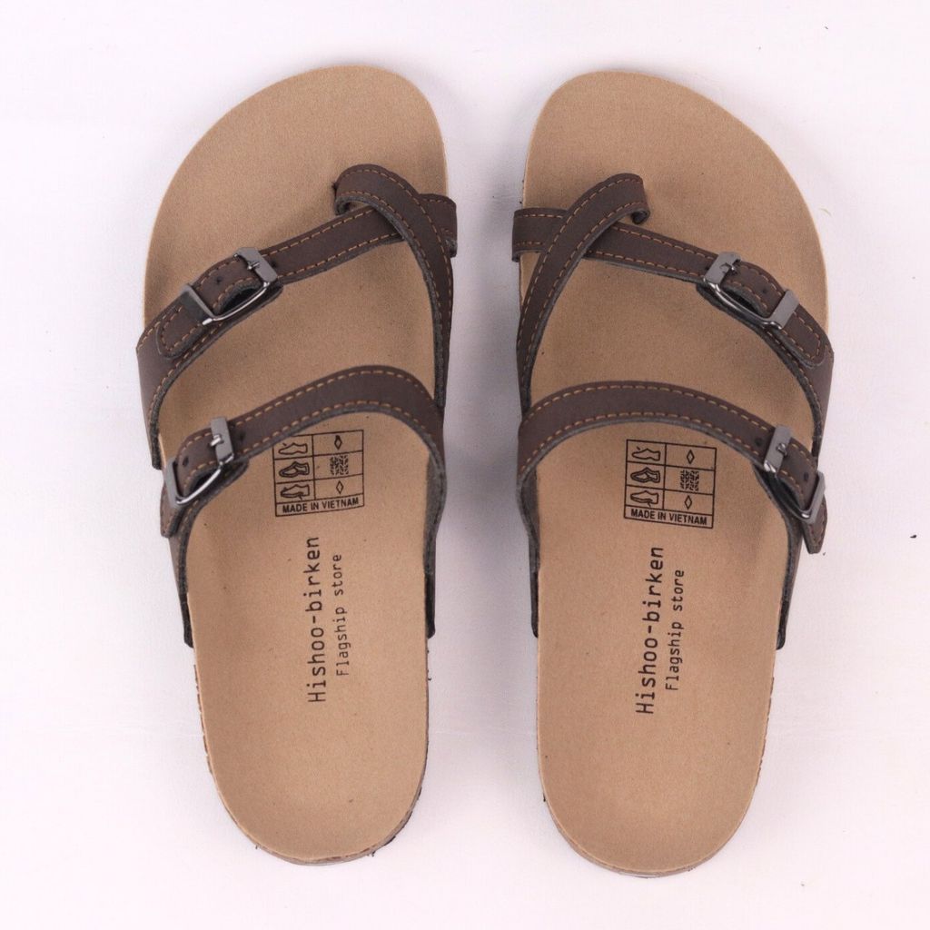 Dép đế trấu birken quai ngang xỏ ngón MẶT ĐEN da bò HISHOO M098