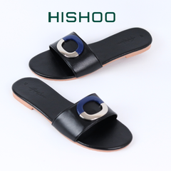 Dép lê nữ quai ngang đính khoá bạc xanh HISHOO S122