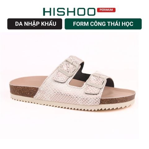 Dép đế trấu birken 2 khoá Kem Vân Rắn premium HISHOO B093
