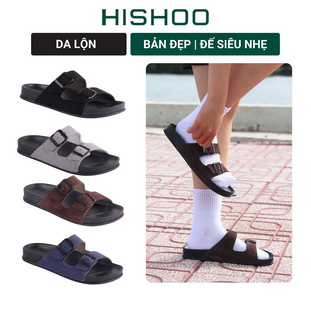 Dép quai ngang Da Bò LỘN 2 Khoá HISHOO D114