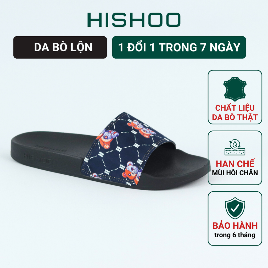 Dép quai ngang da bò Đen+Xanh Dương Gấu Bặm Trợn Monogram HISHOO U113