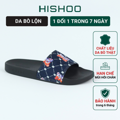 Dép quai ngang da bò Đen+Xanh Dương Gấu Bặm Trợn Monogram HISHOO U113