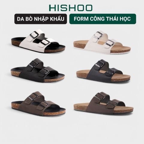 Dép đế trấu birken quai ngang 2 khoá MẶT ĐEN da bò HISHOO M093