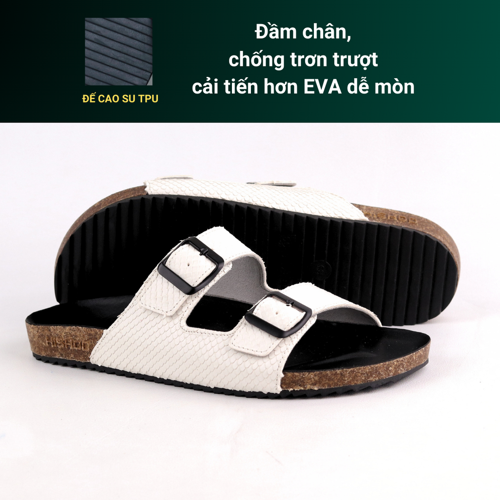 Dép đế trấu birken quai ngang 2 khoá Da Vẩy Rồng MẶT ĐEN HISHOO M093