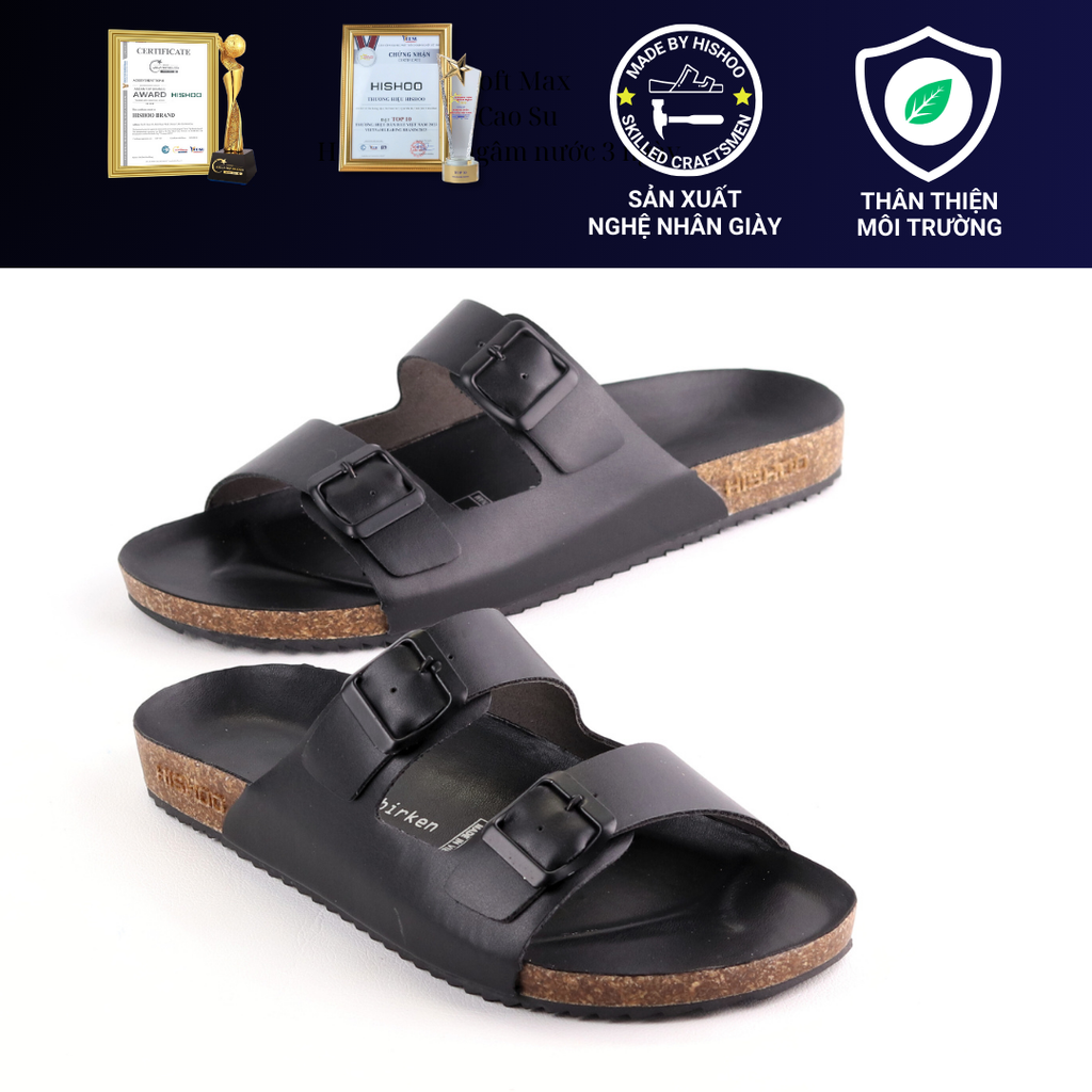 Dép đế trấu birken quai ngang 2 khoá MẶT ĐEN HISHOO S093