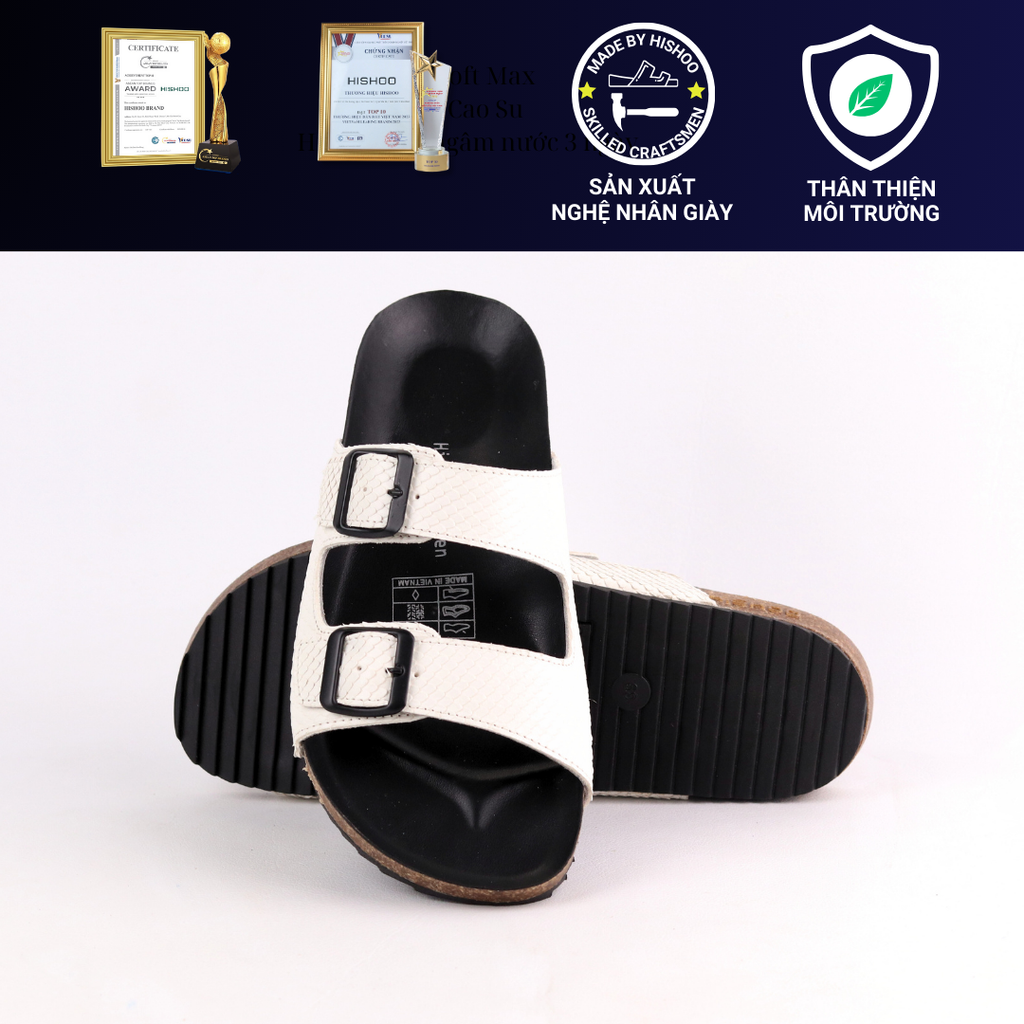Dép đế trấu birken quai ngang 2 khoá Da Vẩy Rồng MẶT ĐEN HISHOO M093