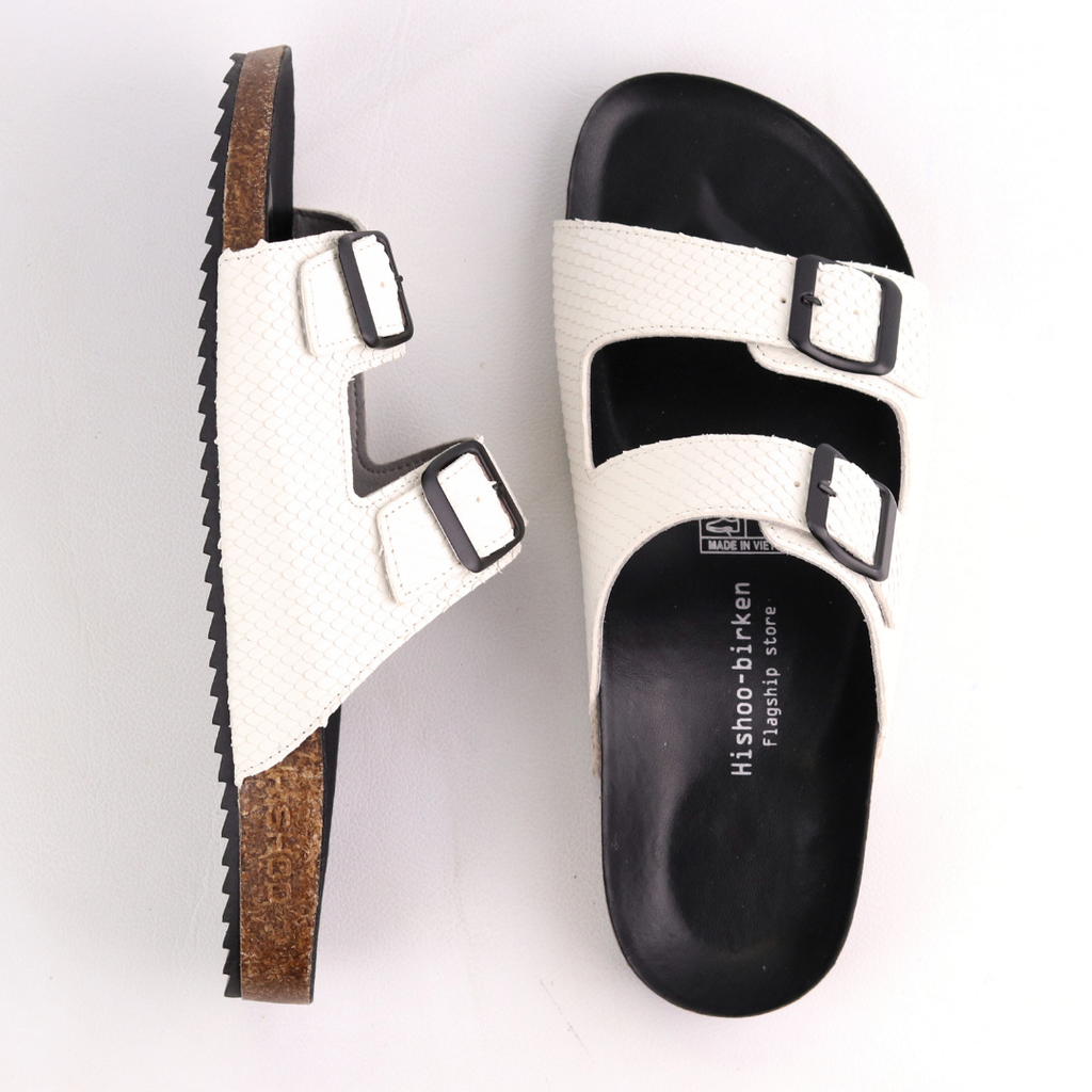 Dép đế trấu birken quai ngang 2 khoá Da Vẩy Rồng MẶT ĐEN HISHOO M093