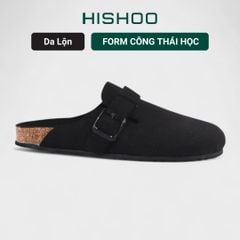 Dép đế trấu sục Boston quai ngang Đen da lộn HISHOO R109