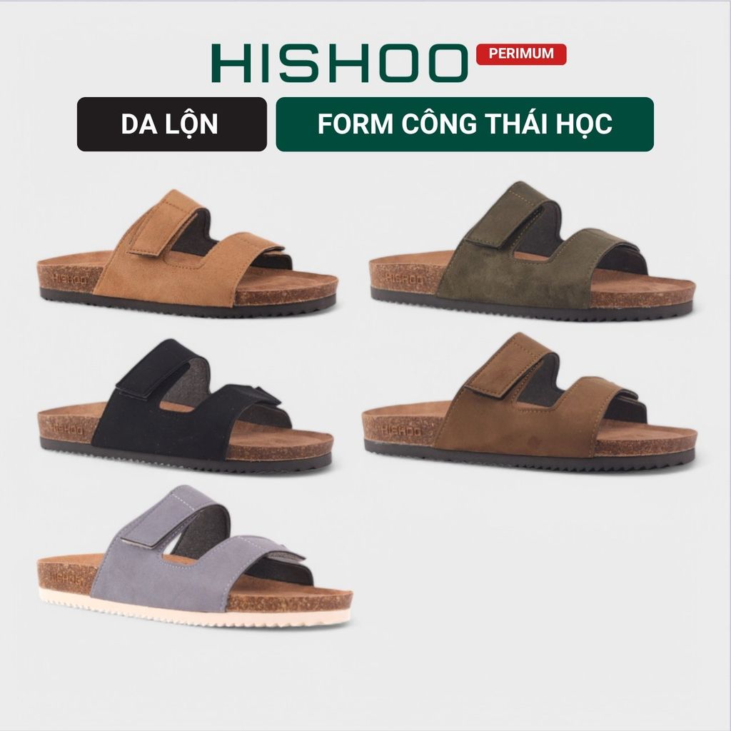 Dép đế trấu birken quai ngang xé dán da lộn premium HISHOO H105