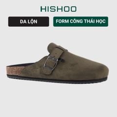 Dép đế trấu sục Boston quai ngang Rêu Olive da lộn  HISHOO R109