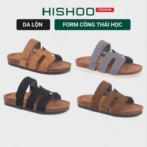 Dép đế trấu birken Chữ H Sandal quai ngang bản, da lộn premium HISHOO H104
