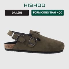 Dép đế trấu Sandal sục Boston Sandal quai ngang Rêu Olive da lộn HISHOO R111