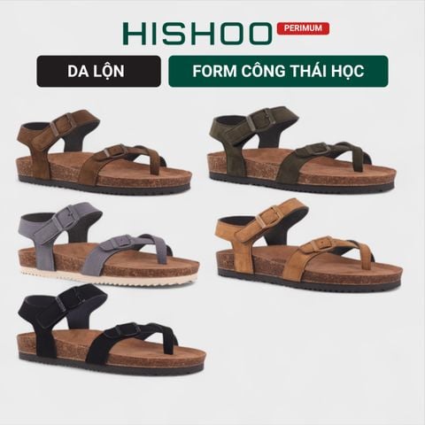 Dép đế trấu birken quai ngang sandal xỏ ngón da lộn premium HISHOO H118