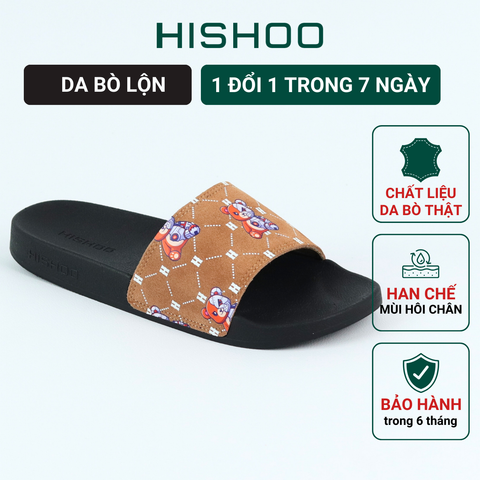 Dép quai ngang da bò lộn Bò+Xám Gấu Bặm Trợn Monogram HISHOO U113