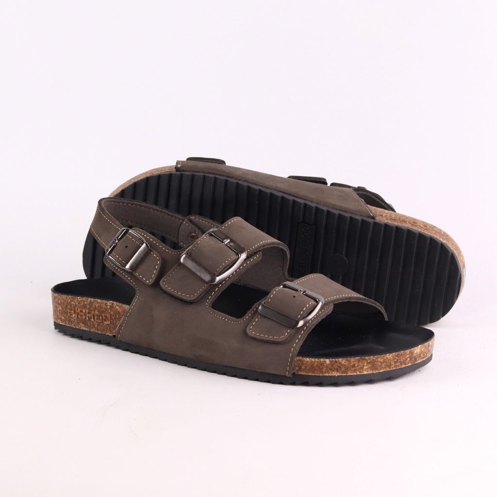 Dép đế trấu Sandal birken quai ngang 2 khoá da bò HISHOO M102