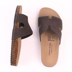 Dép đế trấu birken quai ngang chữ H MẶT ĐEN da bò HISHOO M095
