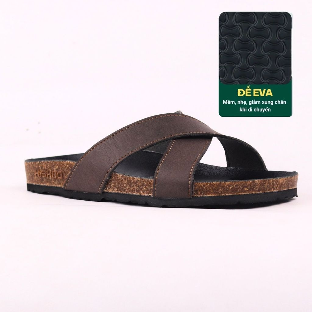 Dép đế trấu birken quai ngang chéo MẶT ĐEN da bò HISHOO M096