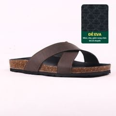 Dép đế trấu birken quai ngang chéo MẶT ĐEN da bò HISHOO M096