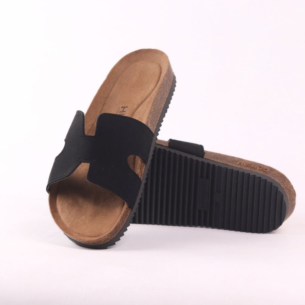 Dép đế trấu birken Chữ H da lộn premium HISHOO H095