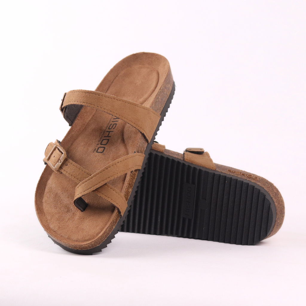 Dép đế trấu birken quai ngang xỏ ngón da lộn premium HISHOO H098