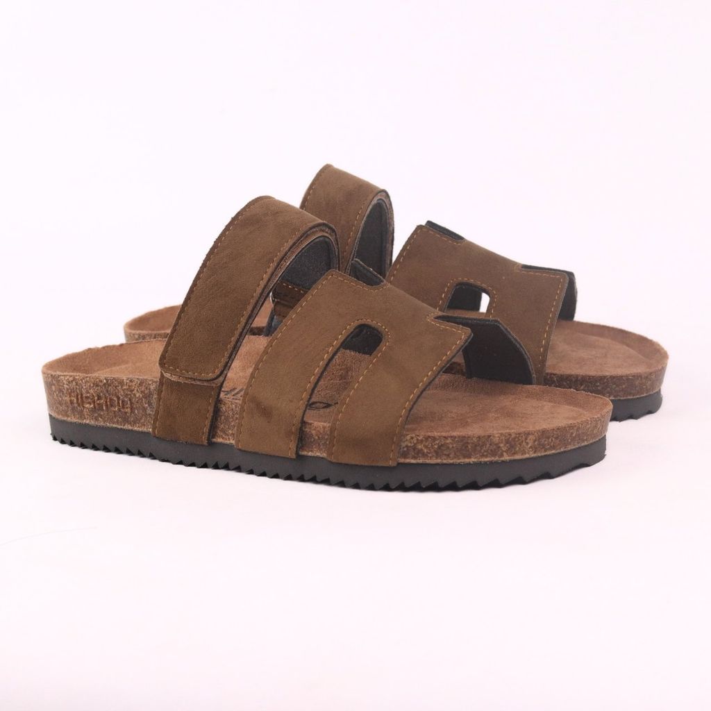 Dép đế trấu birken Chữ H Sandal quai ngang bản, da lộn premium HISHOO H104