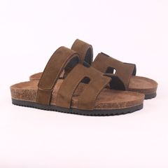 Dép đế trấu birken Chữ H Sandal quai ngang bản, da lộn premium HISHOO H104