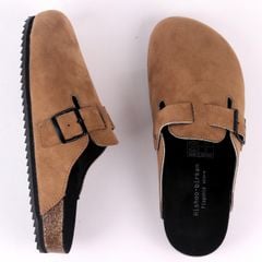 Dép đế trấu sục Boston Xám/ Kem/Bò quai ngang da lộn HISHOO R109