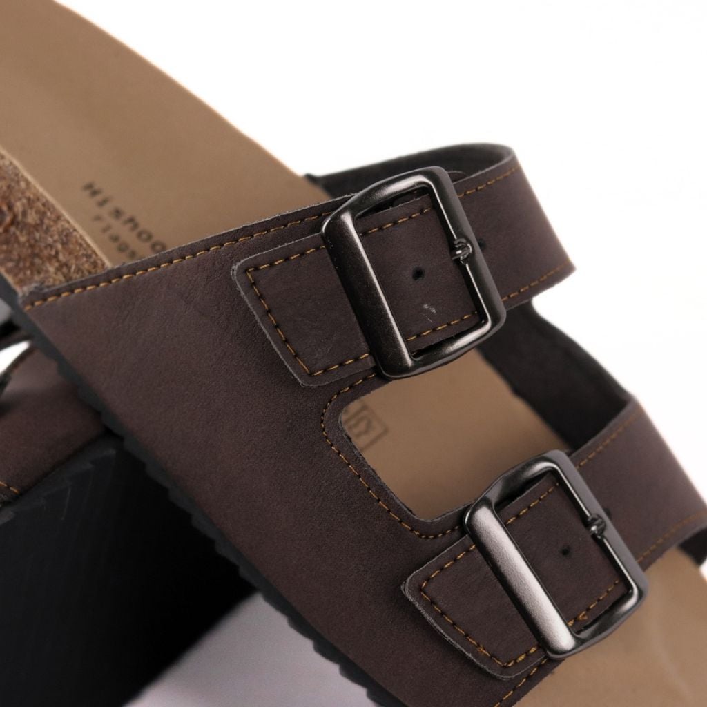 Dép đế trấu birken quai ngang 2 khoá MẶT ĐEN da bò HISHOO M093