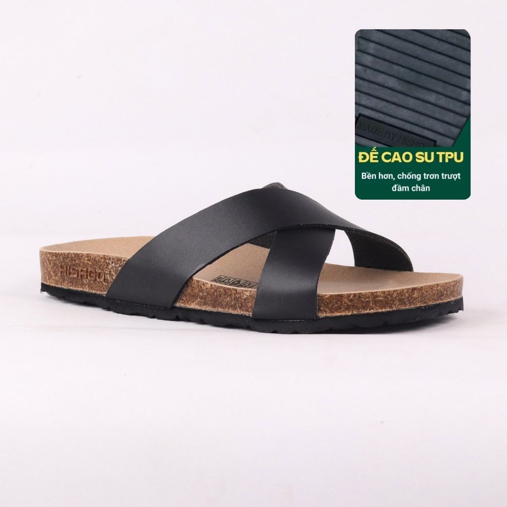 Dép đế trấu birken quai ngang chéo MẶT ĐEN HISHOO S096