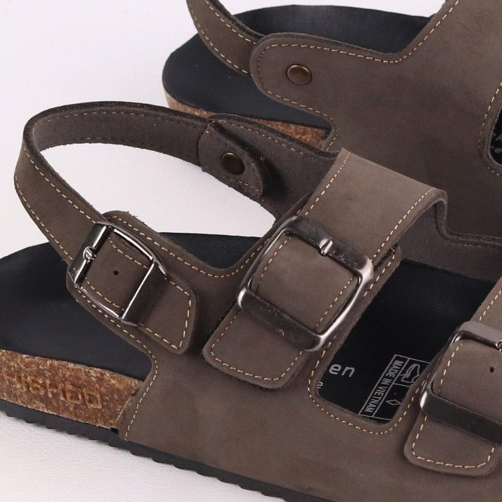 Dép đế trấu Sandal birken quai ngang 2 khoá da bò HISHOO M102