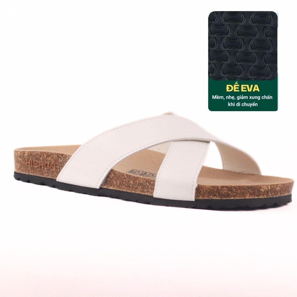 Dép đế trấu birken quai ngang chéo MẶT ĐEN da bò HISHOO M096