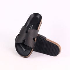 Dép đế trấu birken quai ngang chữ H MẶT ĐEN da bò HISHOO M095