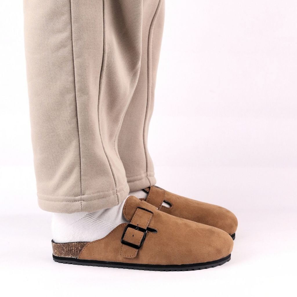 Dép đế trấu sục Boston Xám/ Kem/Bò quai ngang da lộn HISHOO R109